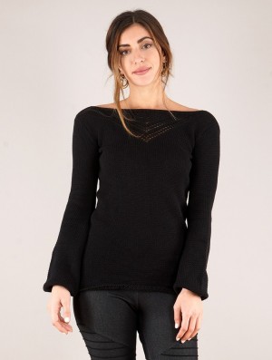 Toonzshop Endaria Open Work Boat Neck Knit Sweater Trui Dames Zwart | EX6213745