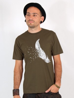 Toonzshop Feather Printed Short Sleeve T-shirt T-Shirt Heren Lichtgroen | HA1835629