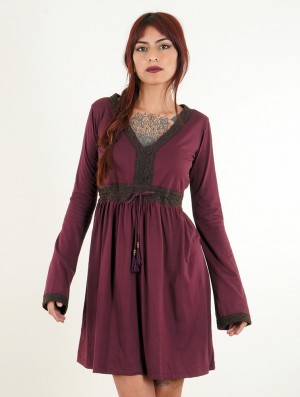 Toonzshop Firiel Long Sleeve Dress With Crochet Detail Jurk Dames Wine | HB2468739