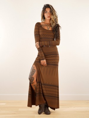 Toonzshop Inanna Aztec Pinted Long Sleeve Long Dress Dress Jurk Dames Goldenbrown | DK3061279