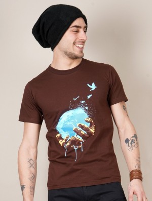 Toonzshop Planet Printed Short Sleeve T-shirt T-Shirt Heren Bruin | MI7369258