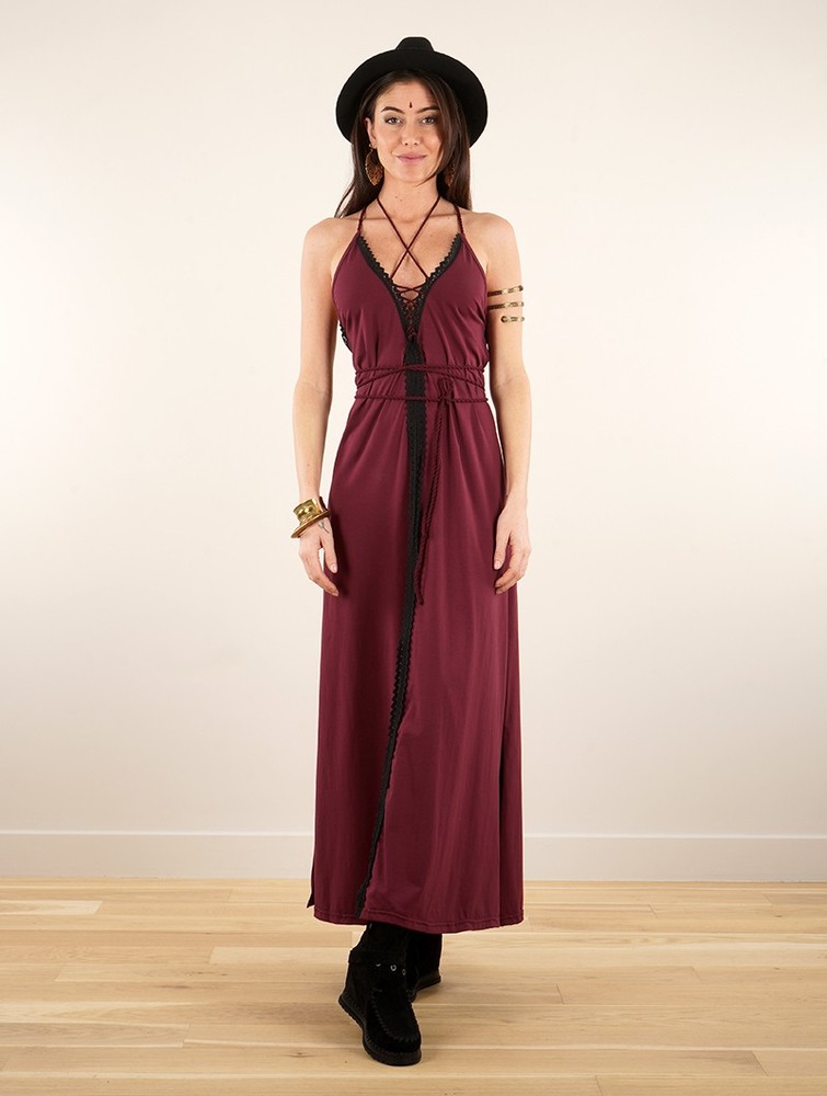 Toonzshop Amulette Lace-up Split Long Dress Jurk Dames Wine | FK1740236