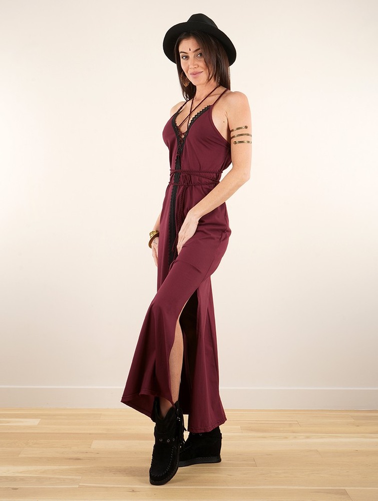 Toonzshop Amulette Lace-up Split Long Dress Jurk Dames Wine | FK1740236