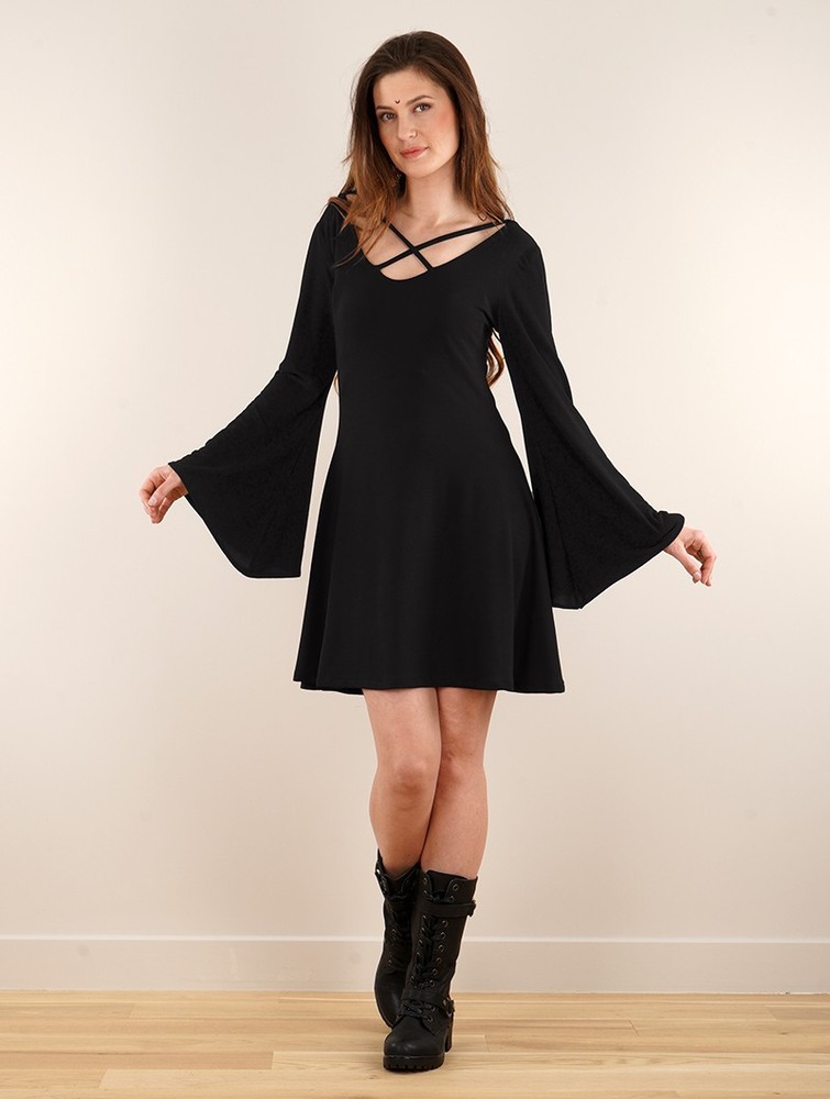 Toonzshop Black Moon Reversible Flared Long Sleeve Dress Jurk Dames Zwart | MF8139047