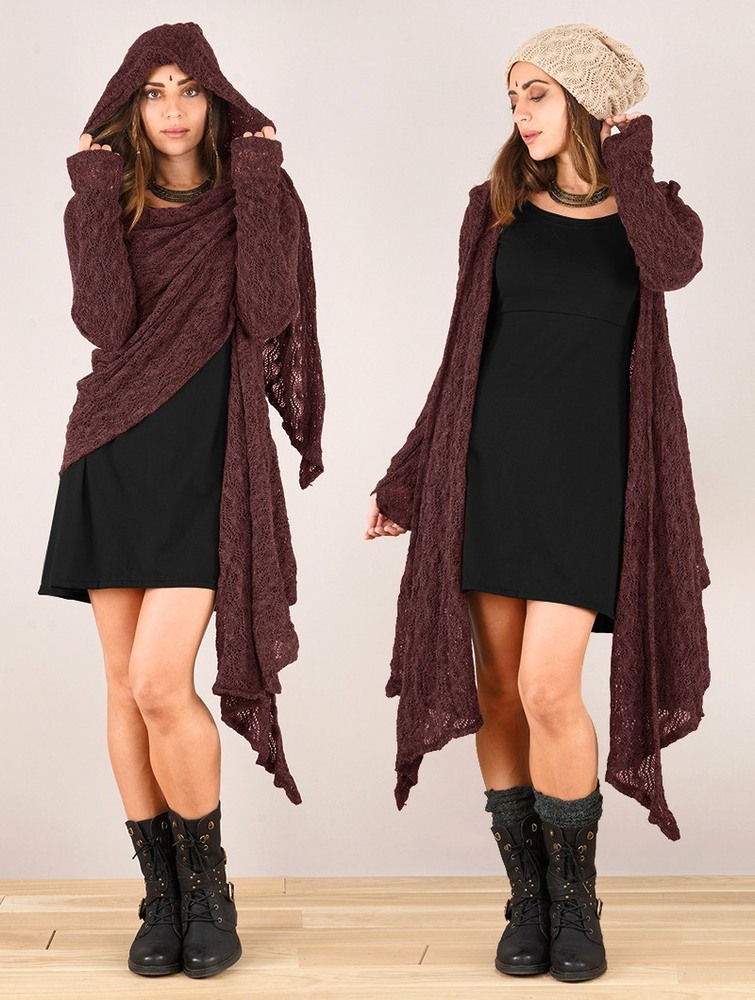 Toonzshop Danaeriz Long Sleeve Hooded Crochet Shawl Cardigan Cardigan Dames Wine | KZ3278910