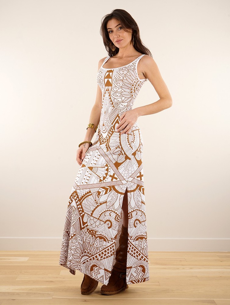 Toonzshop Electra Africa Printed Long Split Strappy Dress Jurk Dames Wit | MU5801294