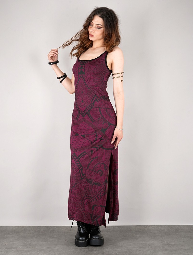 Toonzshop Electra Africa Printed Long Split Strappy Dress Jurk Dames Wine | AC6347259