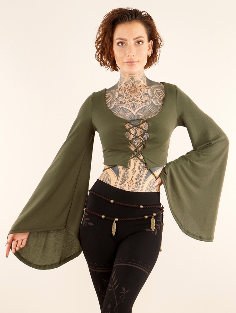 Toonzshop Elfique Flared Long Sleeve Crop Top With Front Lacing Topjes Dames Olijfgroen Groen | IH6847351