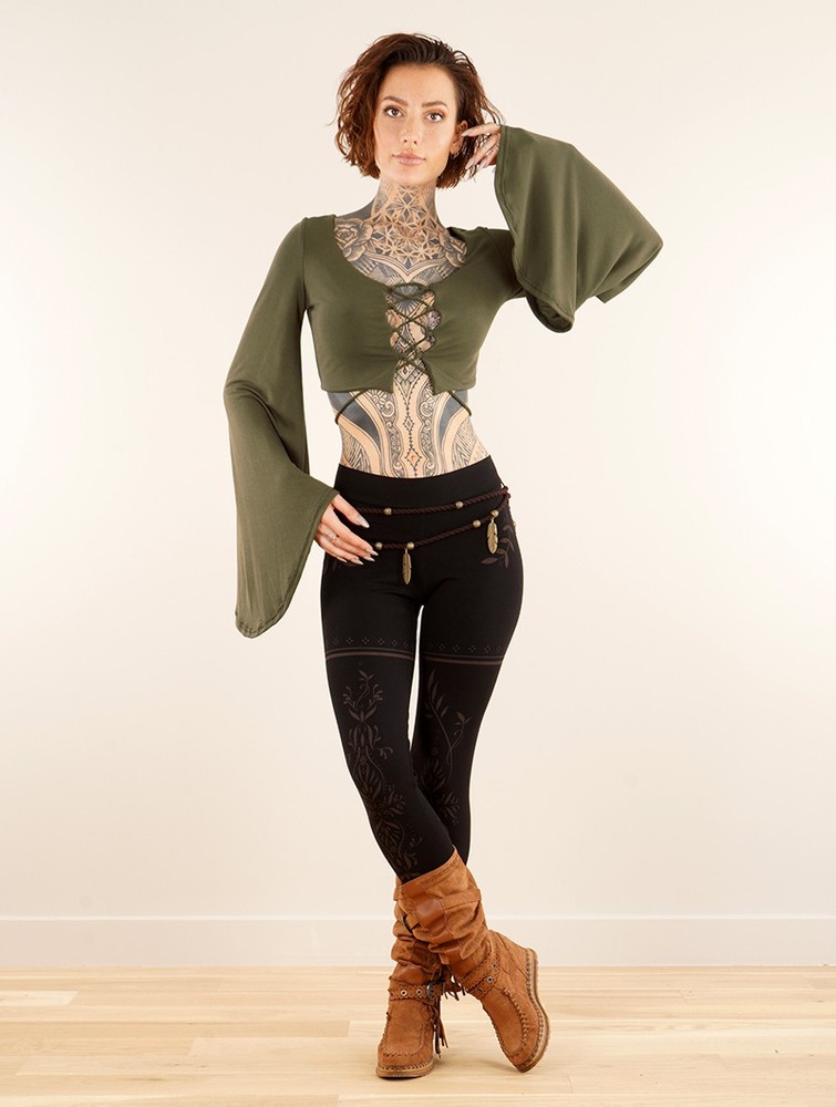 Toonzshop Elfique Flared Long Sleeve Crop Top With Front Lacing Topjes Dames Olijfgroen Groen | IH6847351