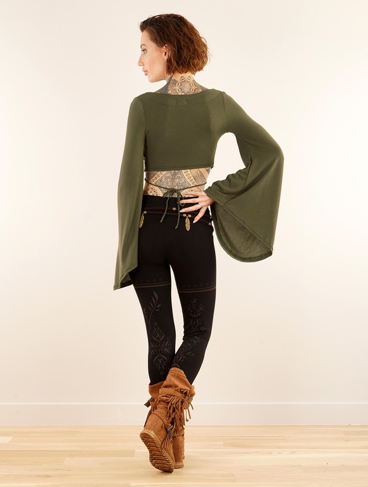 Toonzshop Elfique Flared Long Sleeve Crop Top With Front Lacing Topjes Dames Olijfgroen Groen | IH6847351