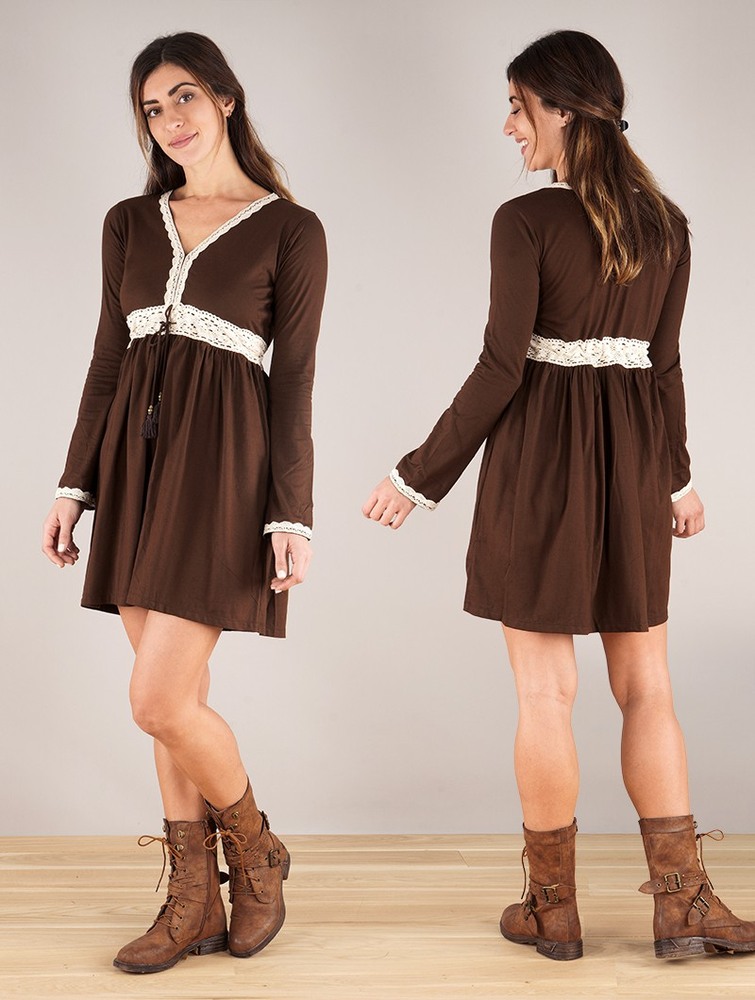 Toonzshop Firiel Long Sleeve Dress With Crochet Detail Jurk Dames Donkerbruin | HY5836124