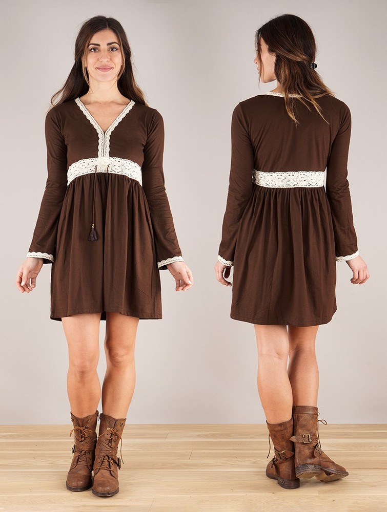 Toonzshop Firiel Long Sleeve Dress With Crochet Detail Jurk Dames Donkerbruin | HY5836124