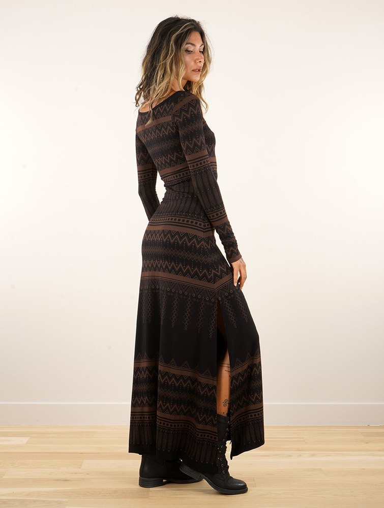 Toonzshop Inanna Aztec Pinted Long Sleeve Long Dress Dress Jurk Dames Zwart | ZH9847603