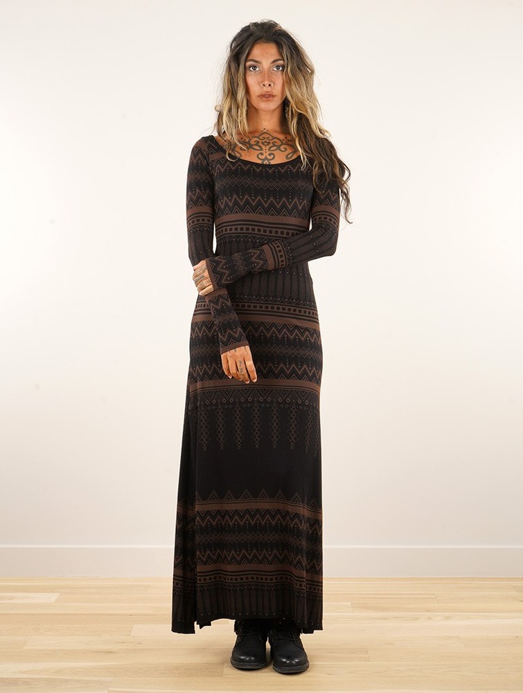 Toonzshop Inanna Aztec Pinted Long Sleeve Long Dress Dress Jurk Dames Zwart | ZH9847603