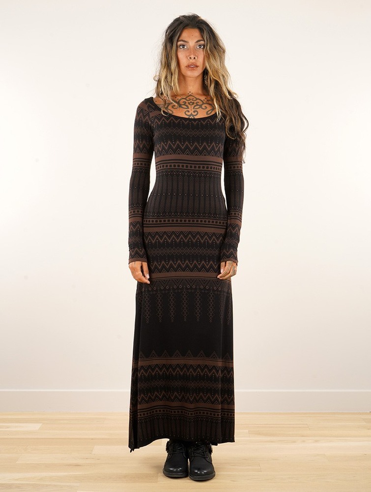 Toonzshop Inanna Aztec Pinted Long Sleeve Long Dress Dress Jurk Dames Zwart | ZH9847603