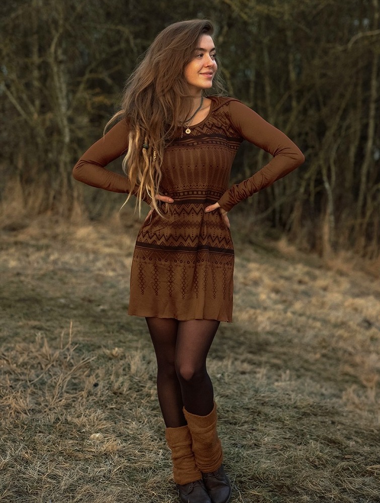 Toonzshop Inanna Aztec Printed Long Sleeve Hooded Short Dress Jurk Dames Caramel | AM6795843