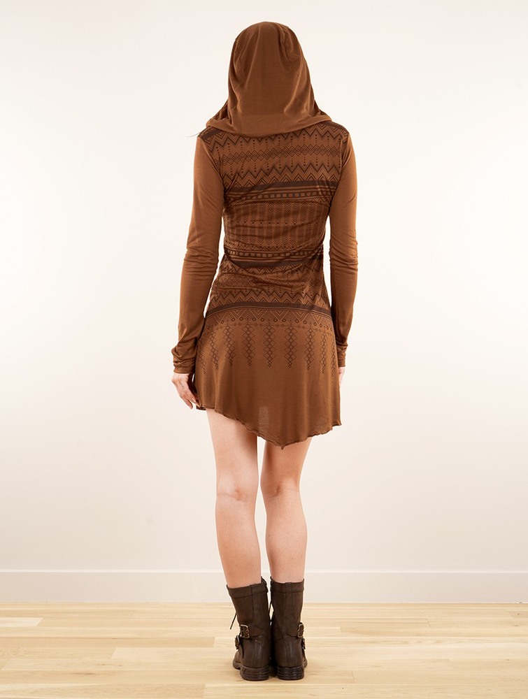 Toonzshop Inanna Aztec Printed Long Sleeve Hooded Short Dress Jurk Dames Caramel | AM6795843