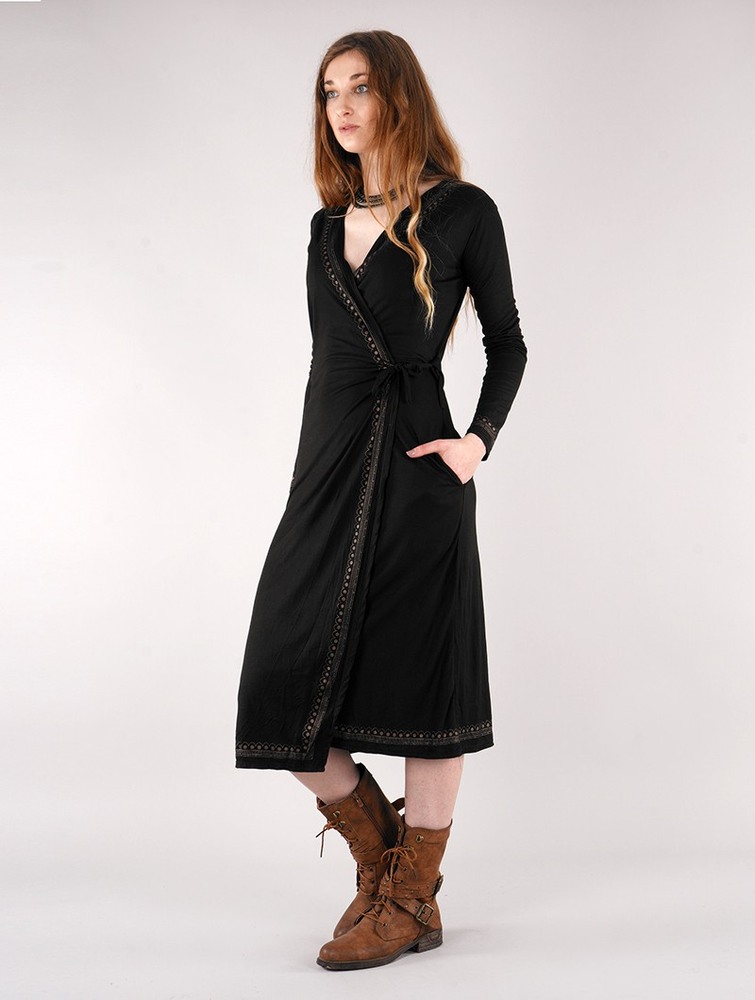 Toonzshop Irwaen Indie 2in1 Cardigan/Long Sleeve Midi Dress Jurk Dames Zwart | GZ5760923