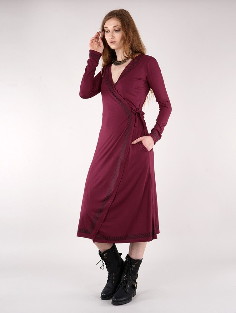 Toonzshop Irwaen Indie 2in1 Cardigan/Long Sleeve Midi Dress Jurk Dames Wine | HZ5173680