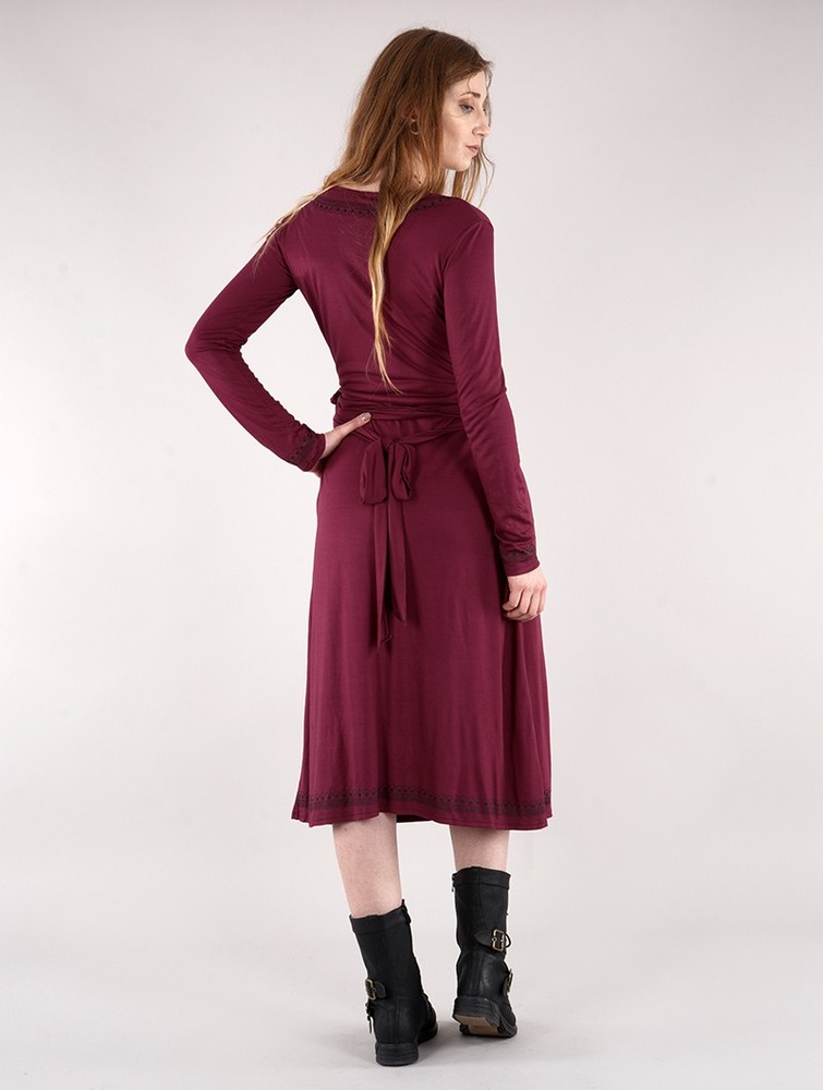 Toonzshop Irwaen Indie 2in1 Cardigan/Long Sleeve Midi Dress Jurk Dames Wine | HZ5173680