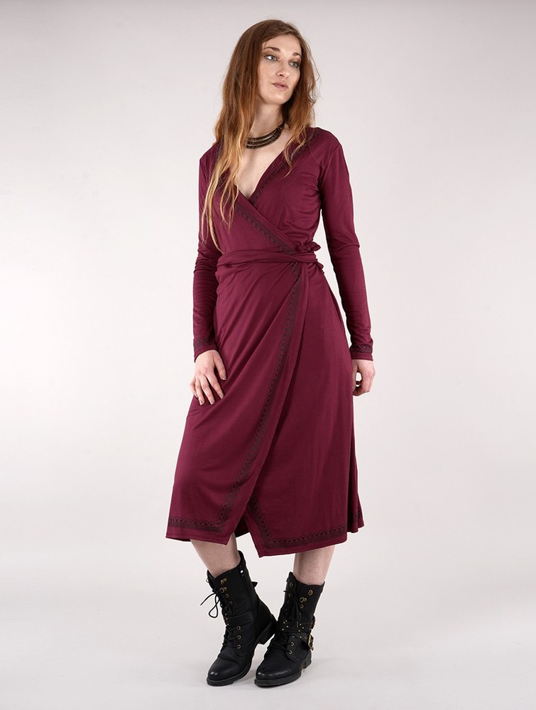 Toonzshop Irwaen Indie 2in1 Cardigan/Long Sleeve Midi Dress Jurk Dames Wine | HZ5173680