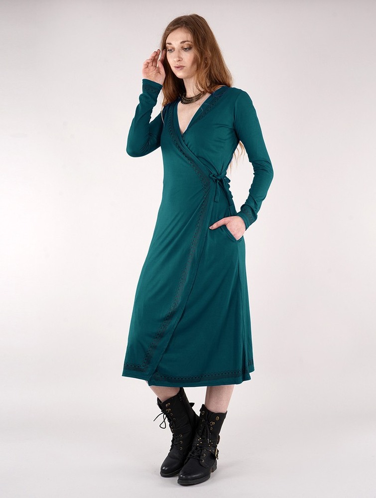 Toonzshop Irwaen Indie 2in1 Cardigan/Long Sleeve Midi Dress Jurk Dames Blauw | FT4521968