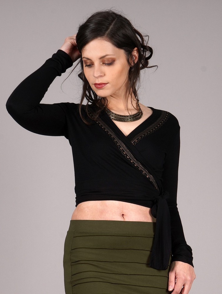 Toonzshop Irwaen Indie Long Sleeved Crop Top Topjes Dames Zwart | BZ9648071