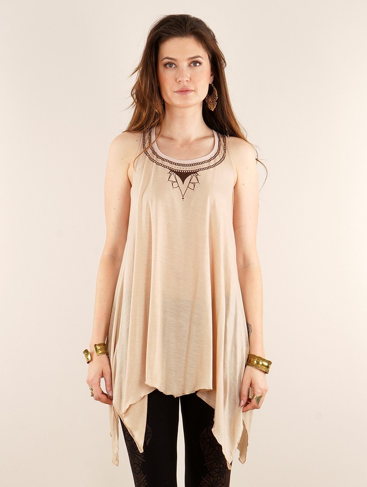 Toonzshop Lotus Luinil Printed Flared Tank Tunic Topjes Dames Beige | VC0874632