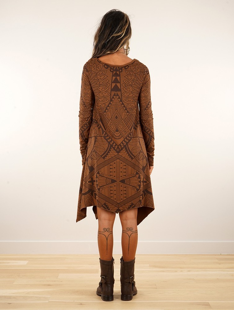 Toonzshop Luinil Africa Long Sleeve Printed Flared Dress Jurk Dames Caramel | HX0831579