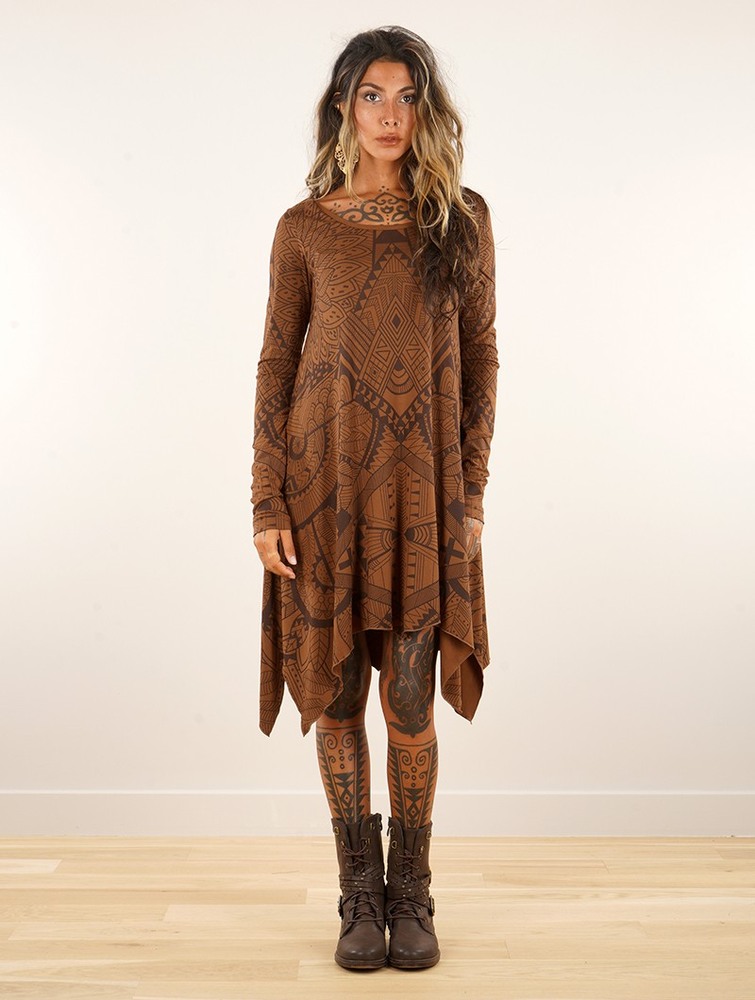 Toonzshop Luinil Africa Long Sleeve Printed Flared Dress Jurk Dames Caramel | HX0831579