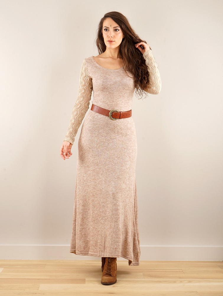 Toonzshop Melisandre Crochet Long Sleeve Long Sweater Dress Jurk Dames Beige | RV0698723