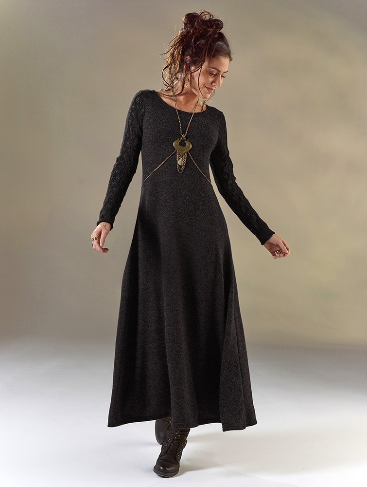 Toonzshop Melisandre Crochet Long Sleeve Long Sweater Dress Jurk Dames Zwart | JX6174538