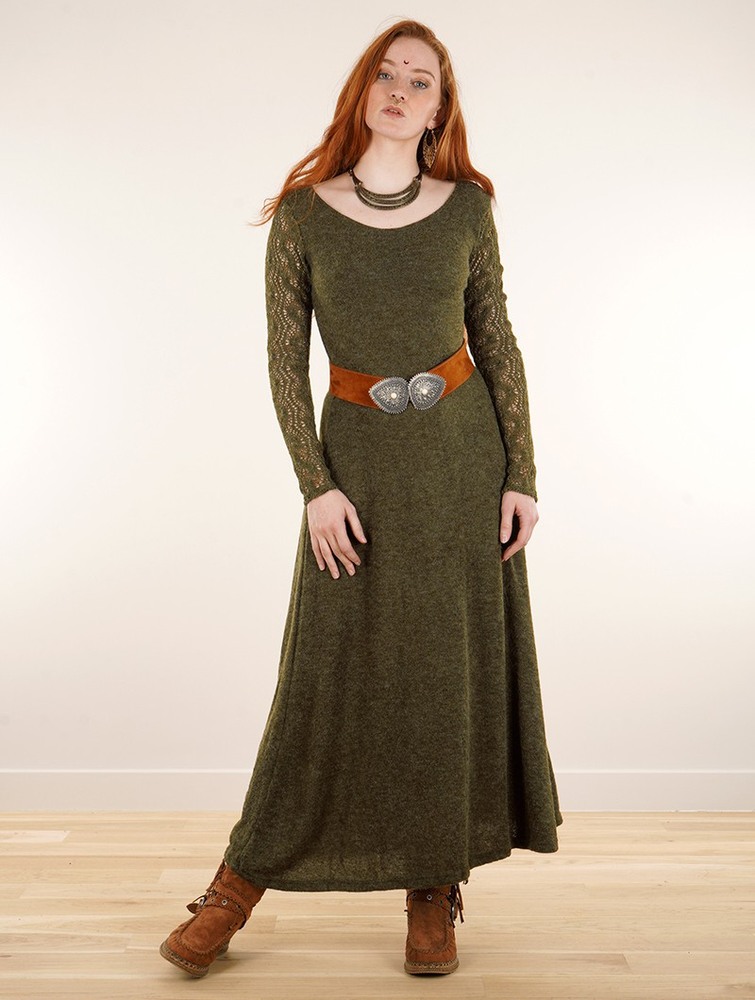 Toonzshop Melisandre Crochet Long Sleeve Long Sweater Dress Jurk Dames Olijfgroen Groen | PW0751326