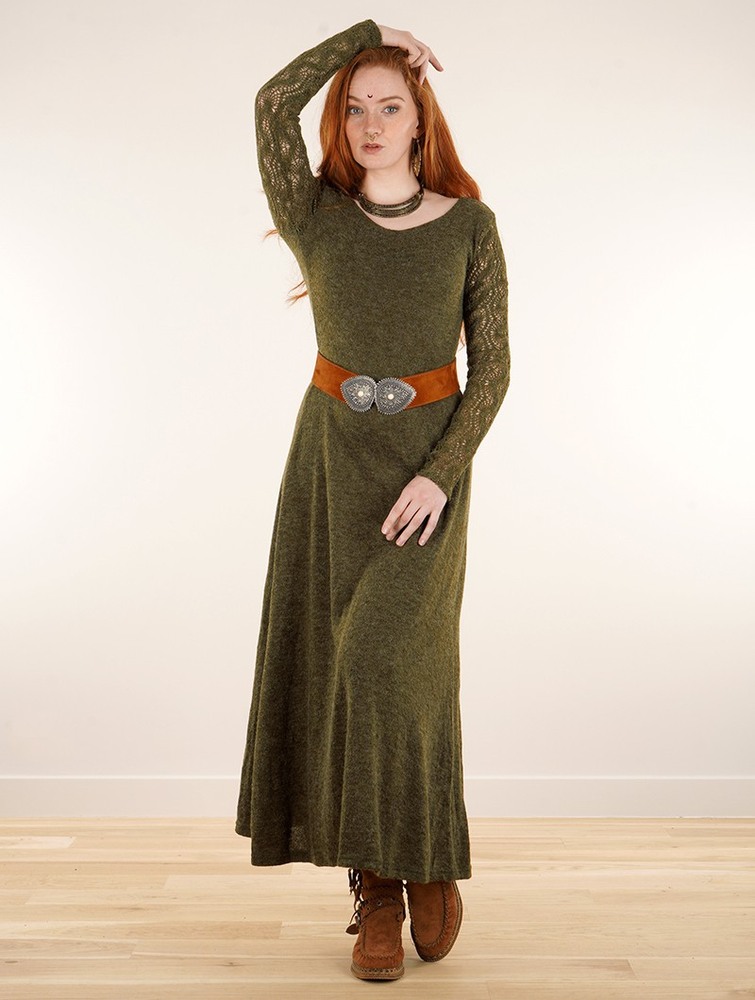 Toonzshop Melisandre Crochet Long Sleeve Long Sweater Dress Jurk Dames Olijfgroen Groen | PW0751326