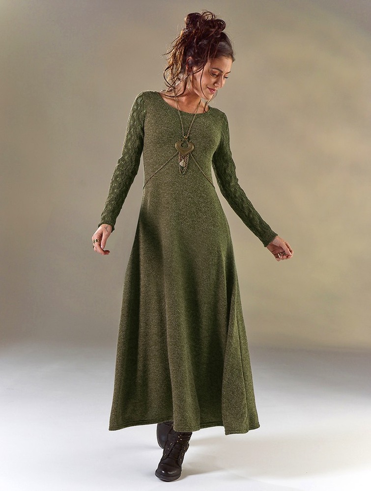 Toonzshop Melisandre Crochet Long Sleeve Long Sweater Dress Jurk Dames Olijfgroen Groen | PW0751326