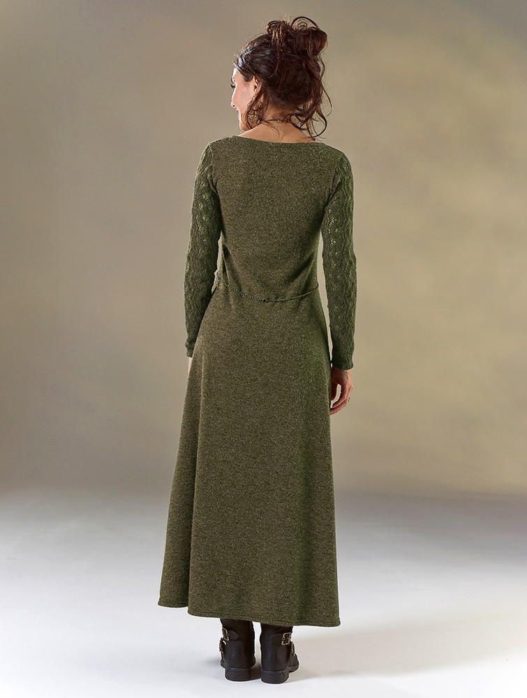 Toonzshop Melisandre Crochet Long Sleeve Long Sweater Dress Jurk Dames Olijfgroen Groen | PW0751326