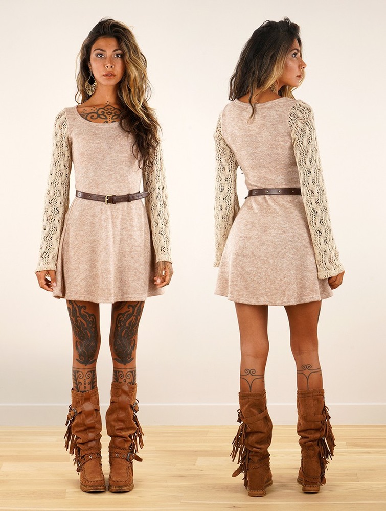 Toonzshop Müse Crochet Sleeve Skater Dress Jurk Dames Beige | XM5643781