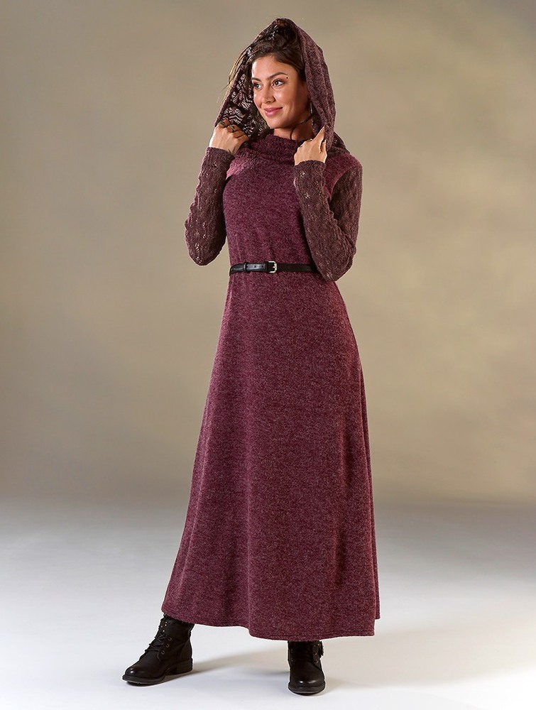 Toonzshop Nouchka Crochet Sleeves And Big Collar Long Sweater Dress Jurk Dames Wine | EG6234580