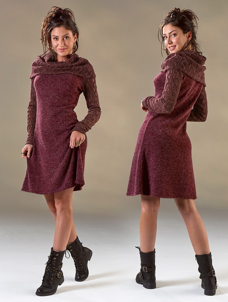 Toonzshop Nouchka Crochet Sleeves And Big Collar Skater Sweater Dress Jurk Dames Wine | HX2358061