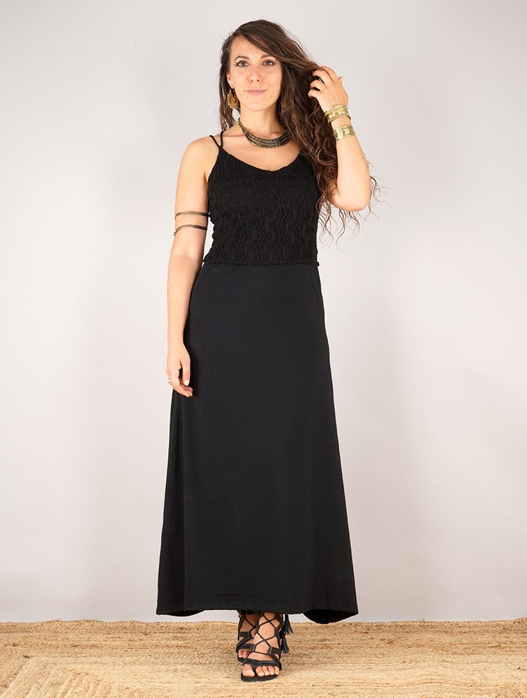 Toonzshop Nymph Long Dress With A Crochet Chest Jurk Dames Zwart | OT6320598