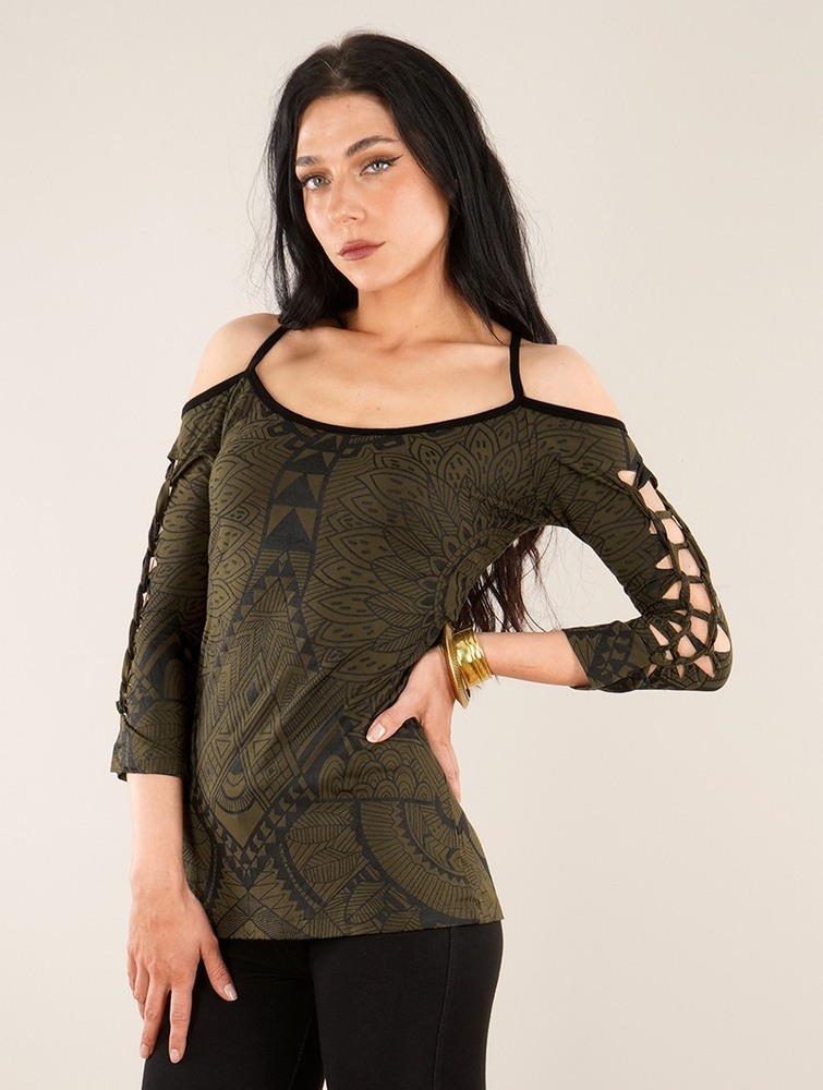 Toonzshop Sedna Africa Cut Out Braided Back And 3/4 Sleeve Printed Top BH Dames Groen | PR7803594