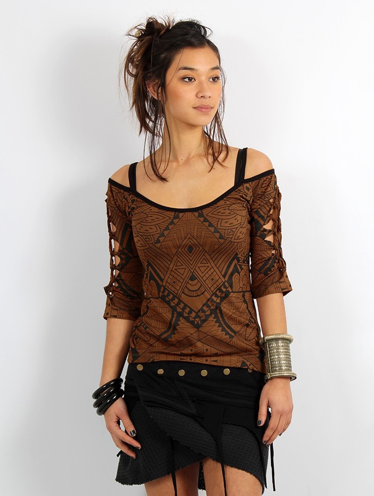 Toonzshop Sedna Africa Cut Out Braided Back And 3/4 Sleeve Printed Top BH Dames Bruin | HV0956387